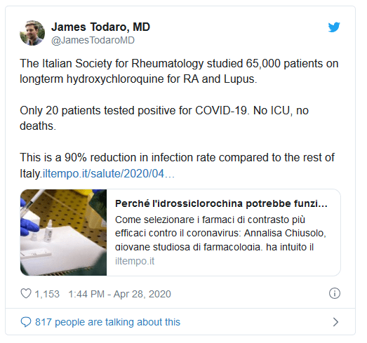 Italian Study Finds Prophylaxis Results for Patients on Hydroxychloroquine